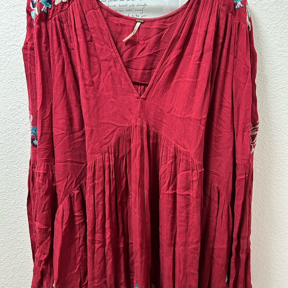 Free People Red Embroidered Blouse